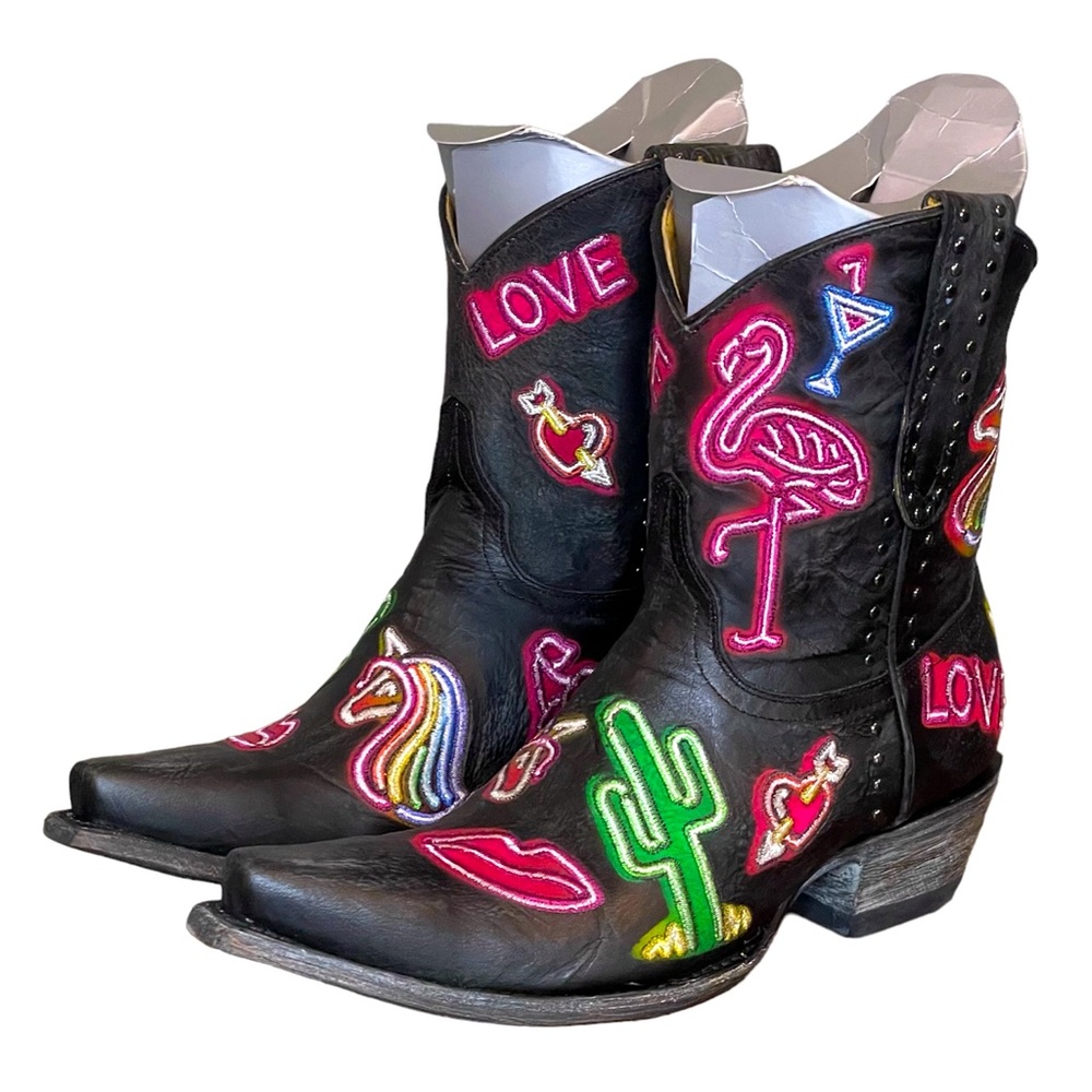 OLD GRINGO Jackpot Short Western Cowboy Boots Distressed Black Embroidered 7.5